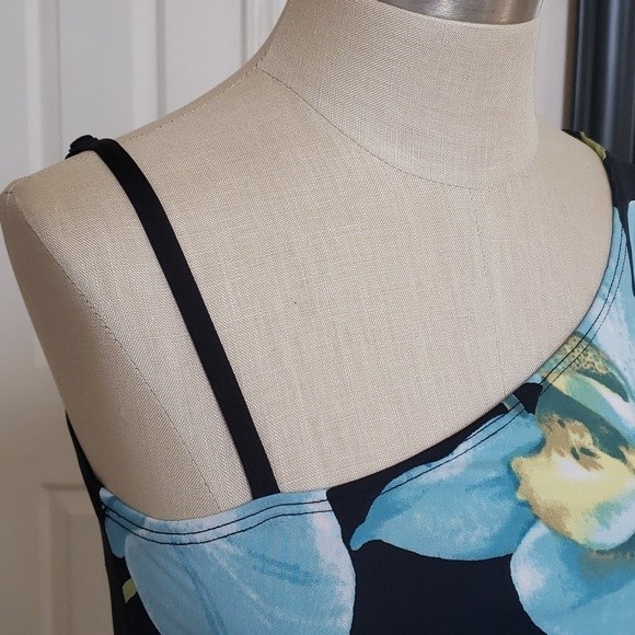 Vintage 90s Y2K One Shoulder Top Blouse Black Teal Bold Flower - Picture 6 of 11